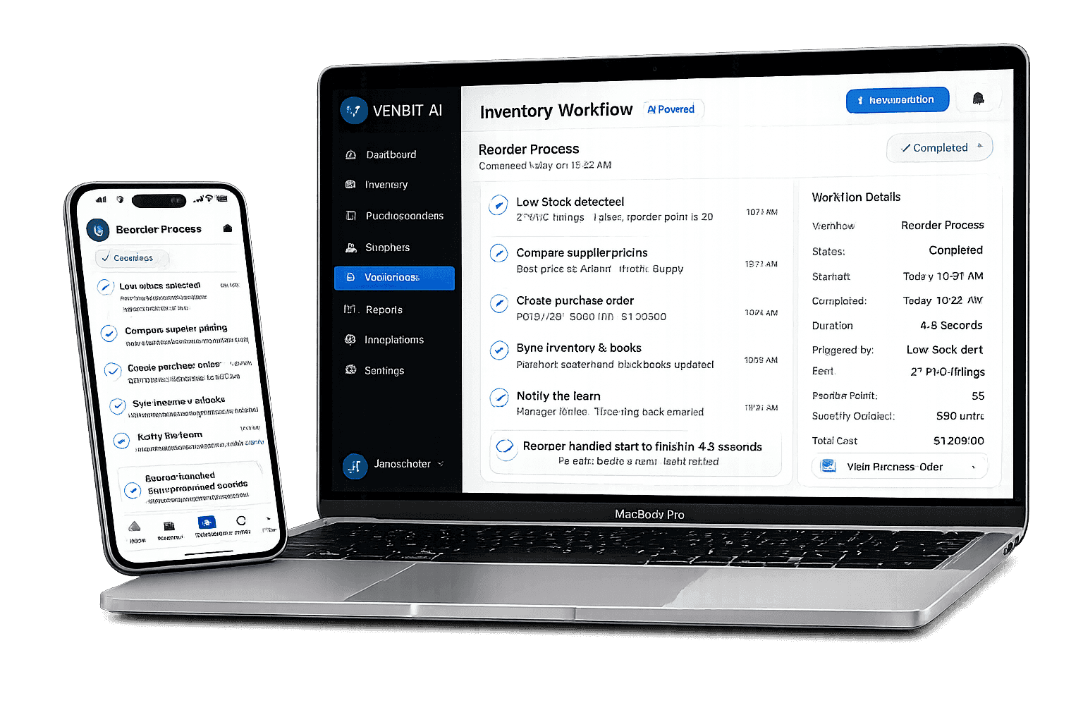 The Venbit AI inventory workflow software shown on a laptop and phone