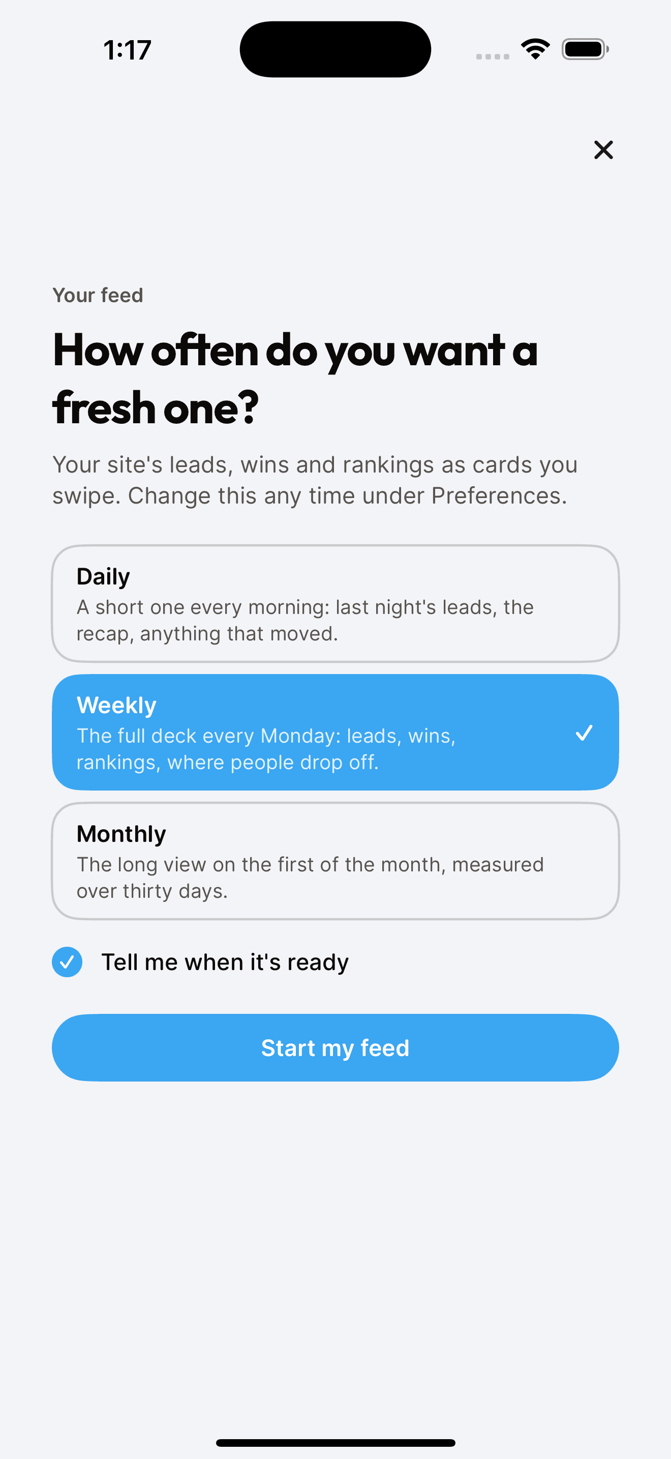 The feed on iPhone: the week's cards, one at a time
