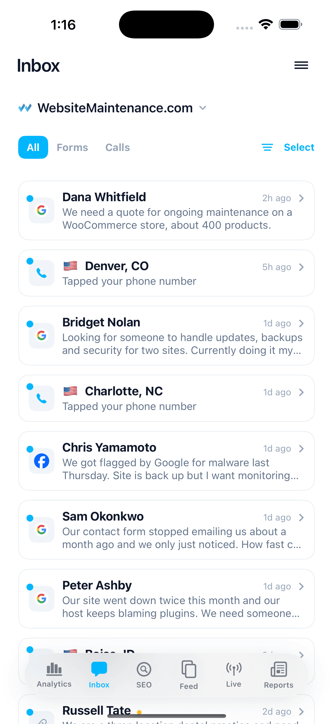 The inbox on iPhone: every lead with its source, the city or name, and the first line of the message