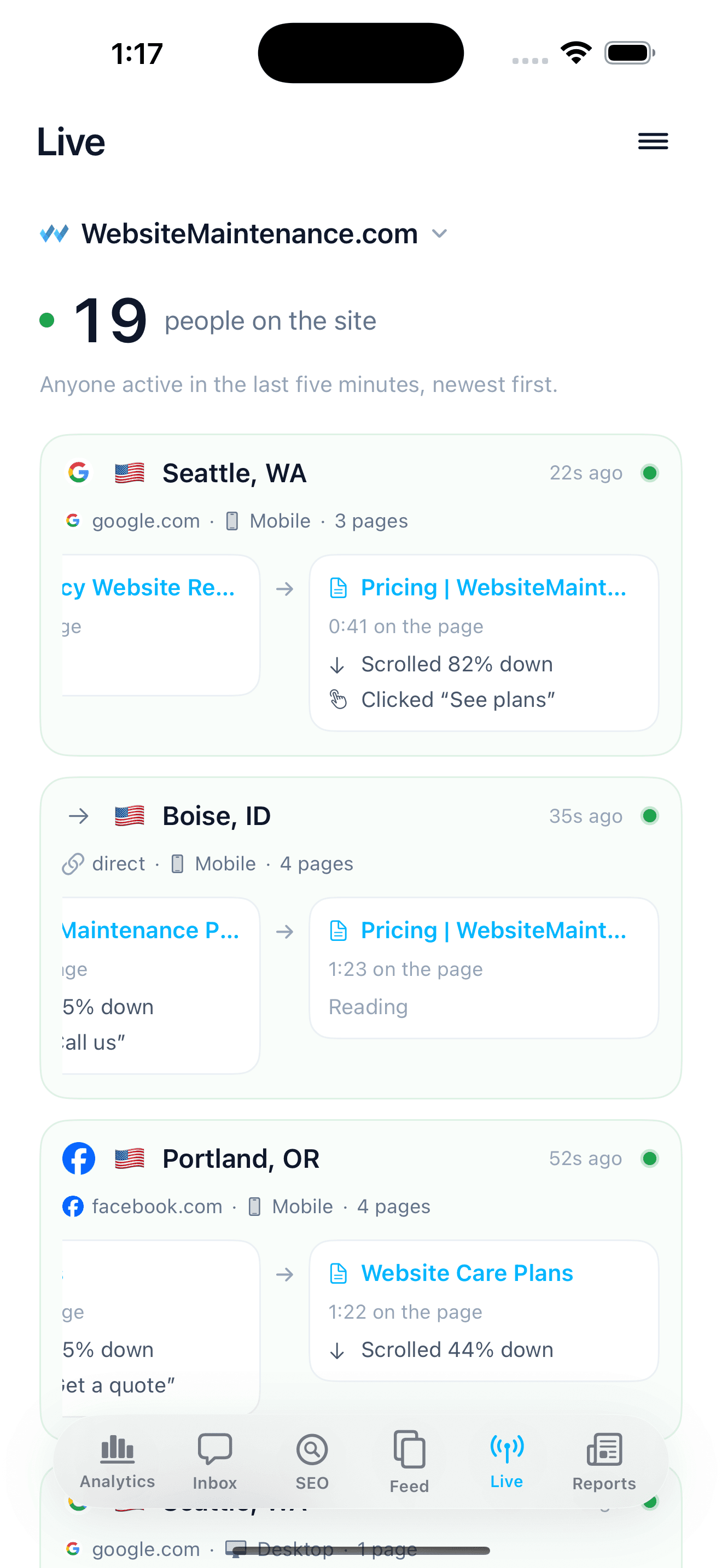 The Live screen on iPhone: the people on the site right now, each with their city, source and current page