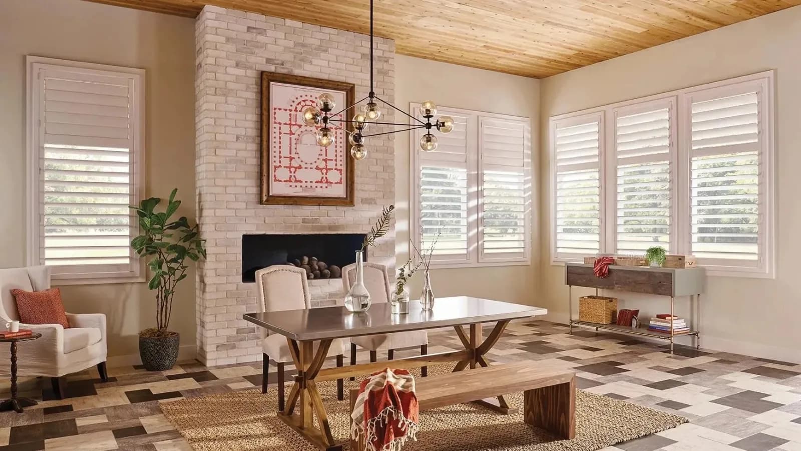 Plantation shutters across a bright dining room