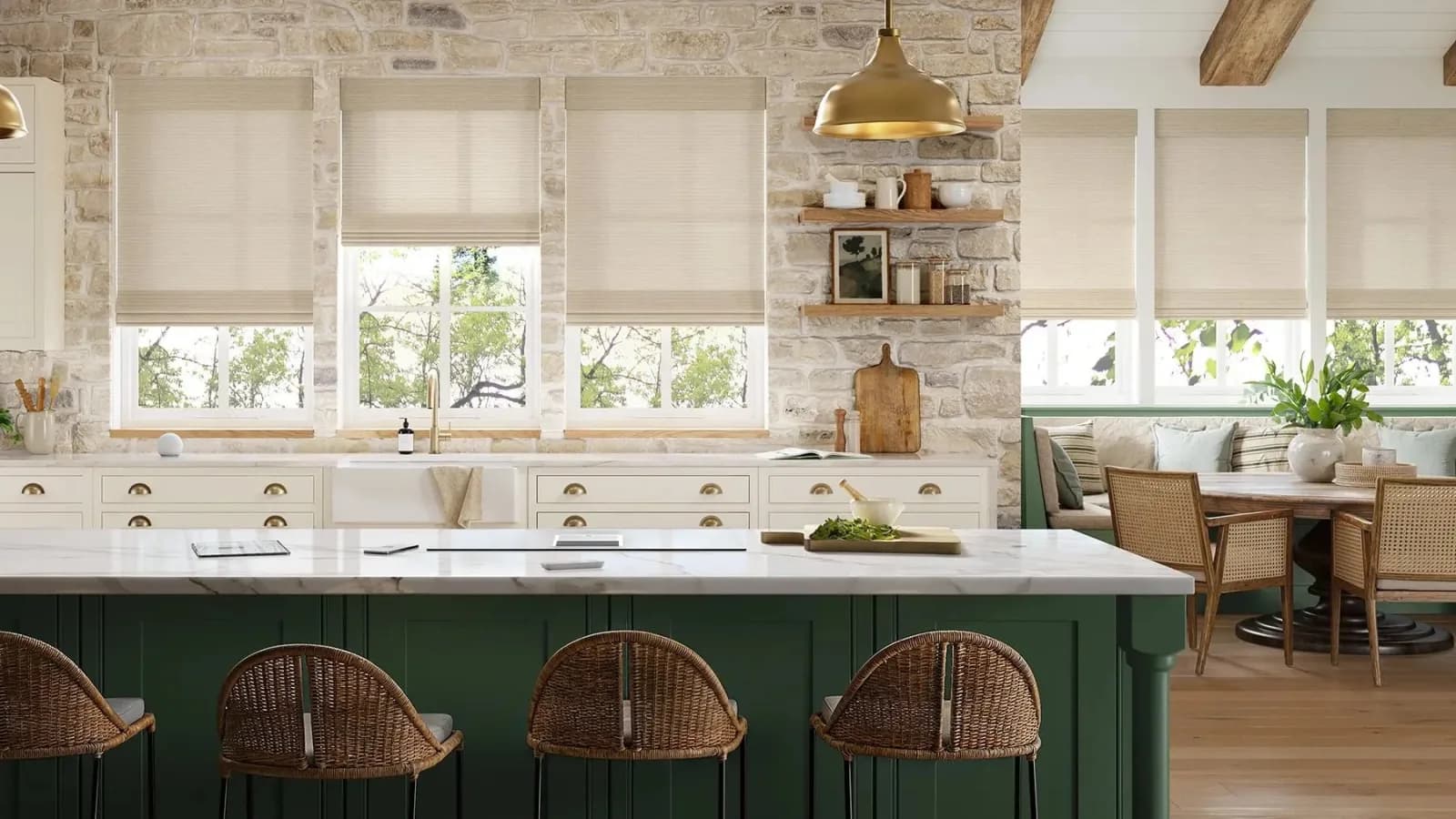 Natural woven shades in a sitting room