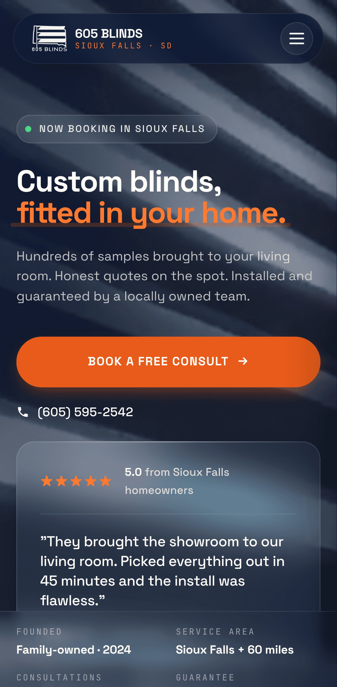 605 Blinds website on a phone