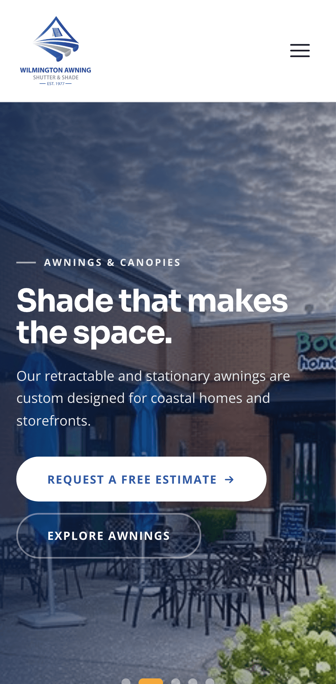 Wilmington Awning, Shutter & Shade website on a phone