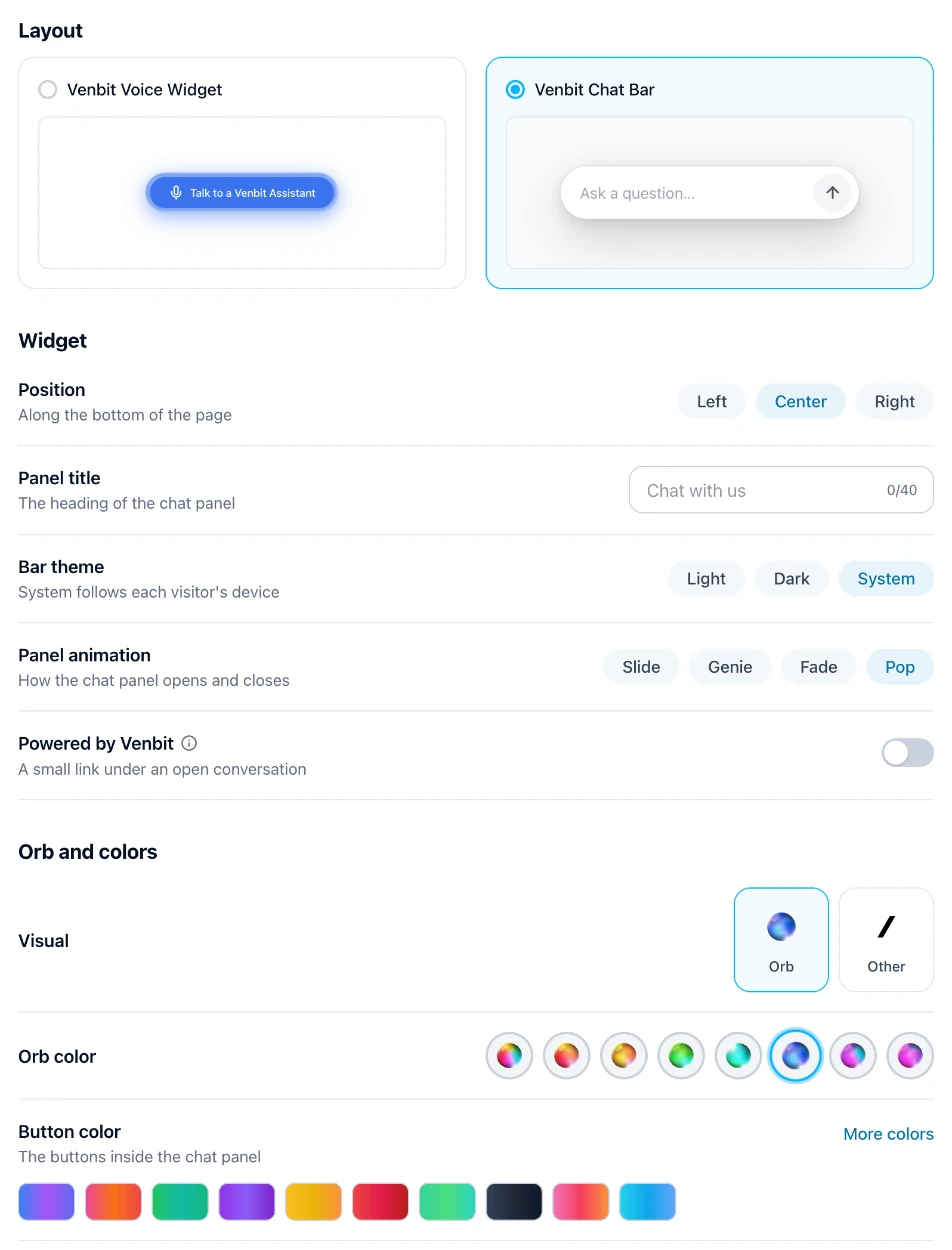 Appearance settings: the Voice Widget or the Chat Bar, its position, panel title, theme, animation, the orb and its color, and button colors