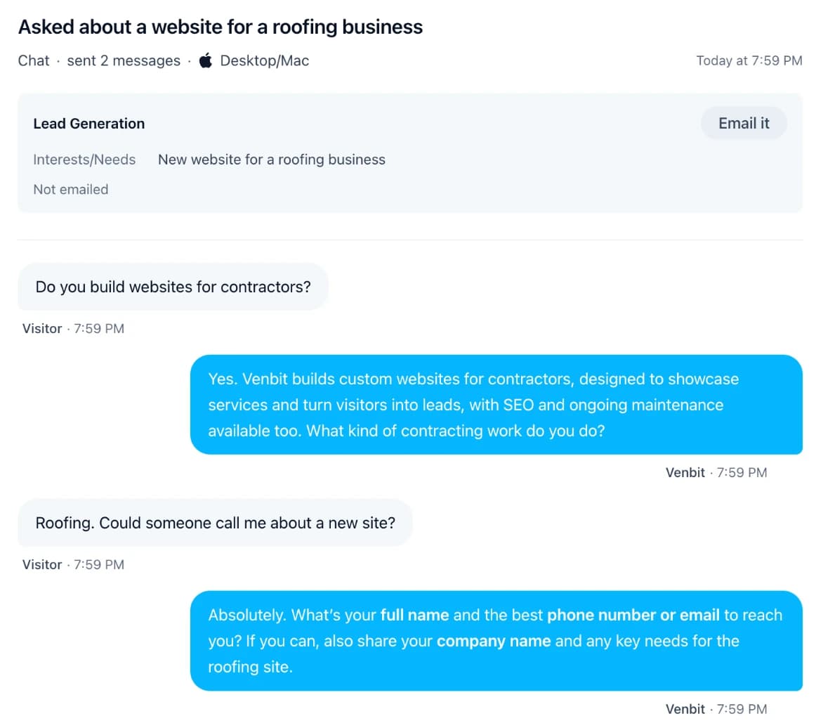A conversation under Site Agents in the Inbox, titled Asked about a website for a roofing business, with the need it noted and every message