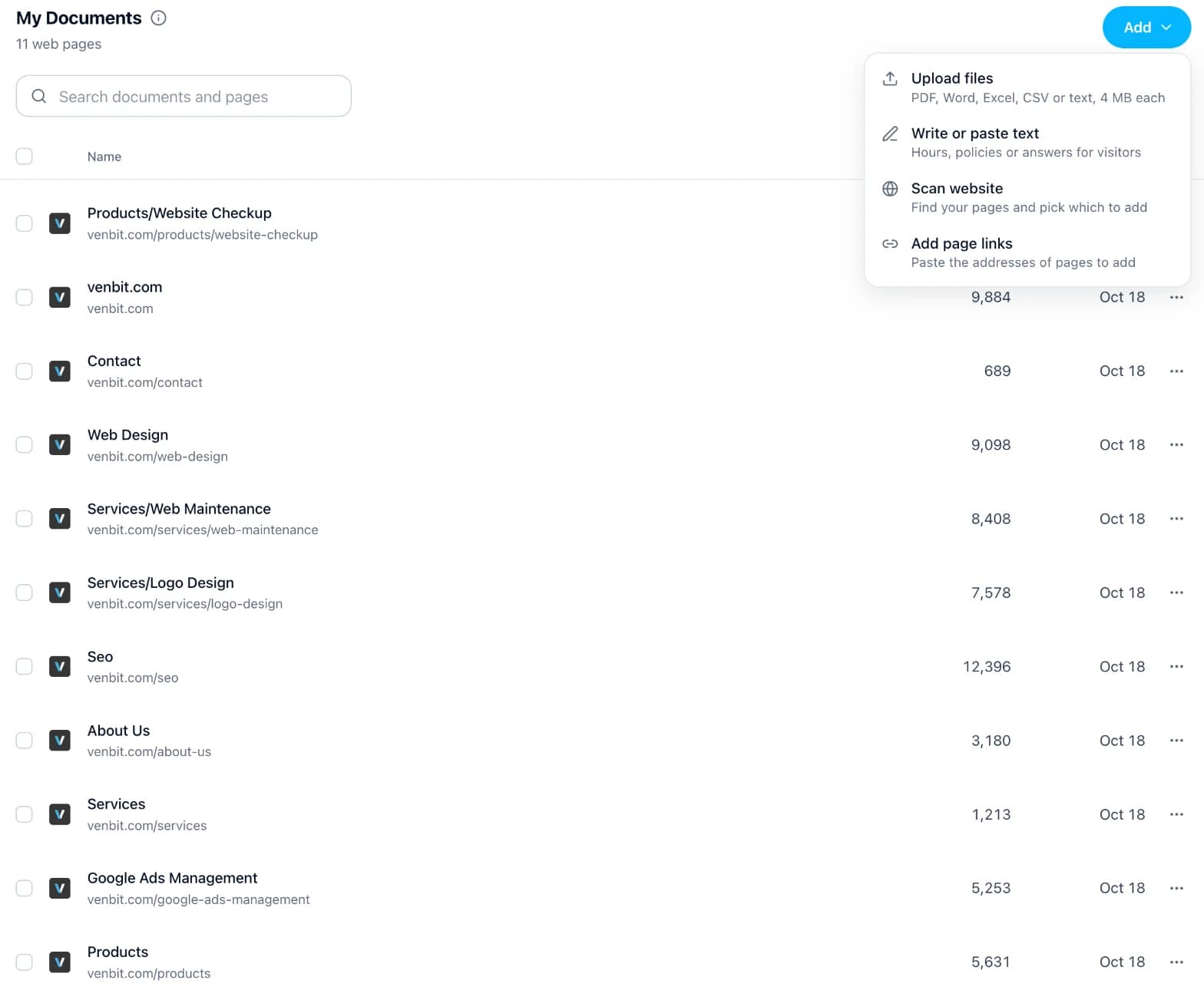 Site Agent's Knowledge Base: eleven pages of venbit.com, and the Add menu with Upload files, Write or paste text, Scan website and Add page links