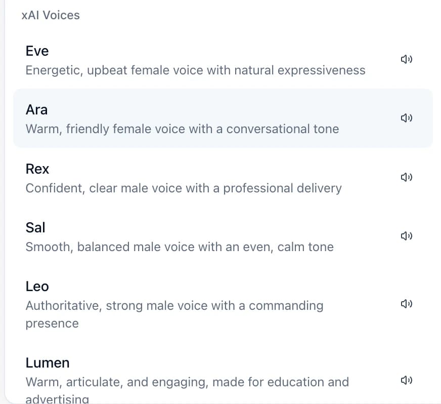 The voice picker: Eve, Ara, Rex, Sal, Leo and Lumen, each described