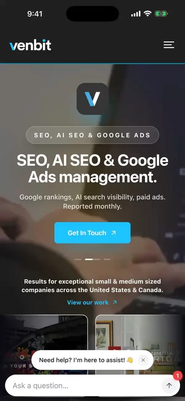 On an iPhone, a visitor asks Site Agent whether Venbit can help their business show up on Google, and it answers with local SEO, Google Business Profile and content, then asks what business they run and what city they serve.