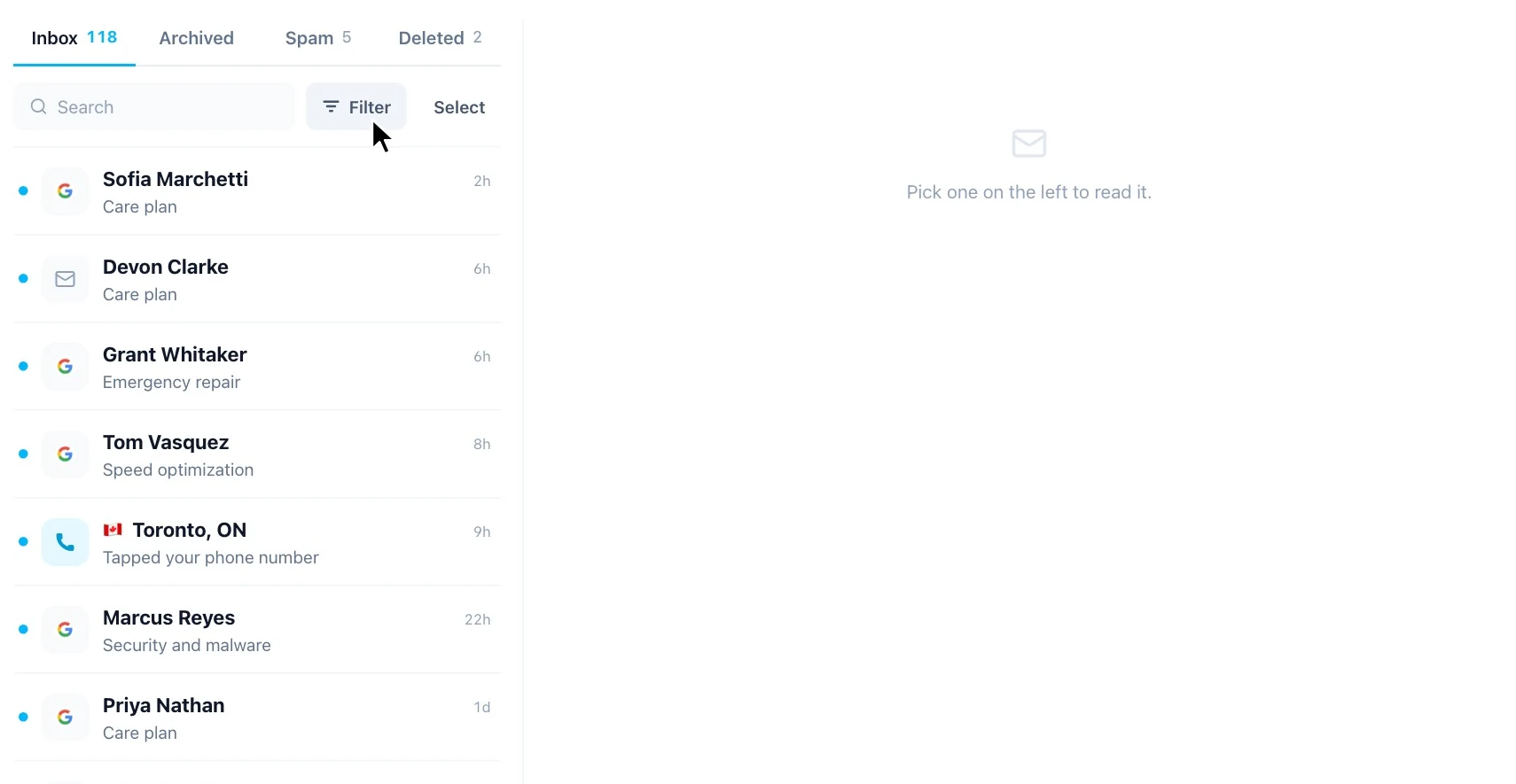 The Inbox on the demo site: forms and phone taps in one list, beside the lead that is open