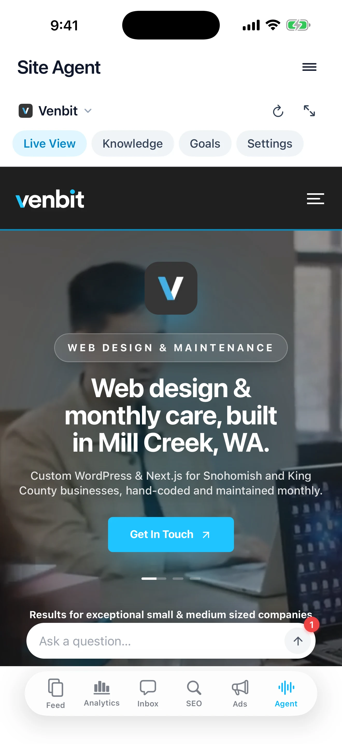 The Agent tab on iPhone, showing Live View: venbit.com on a phone with Site Agent's chat bar at the bottom