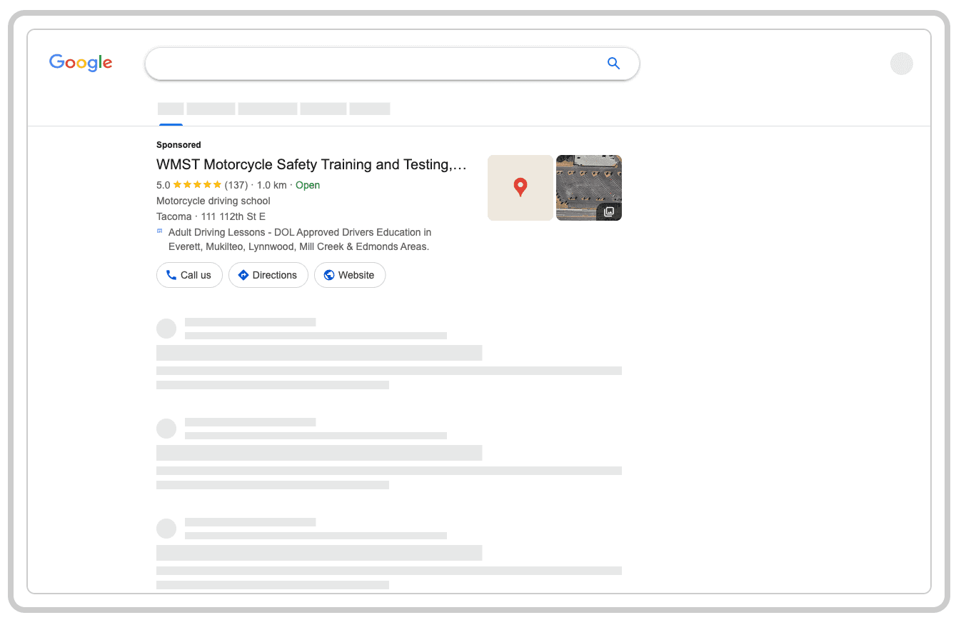 WMST sponsored Google ad as it appears on desktop, with map pin and reviews.