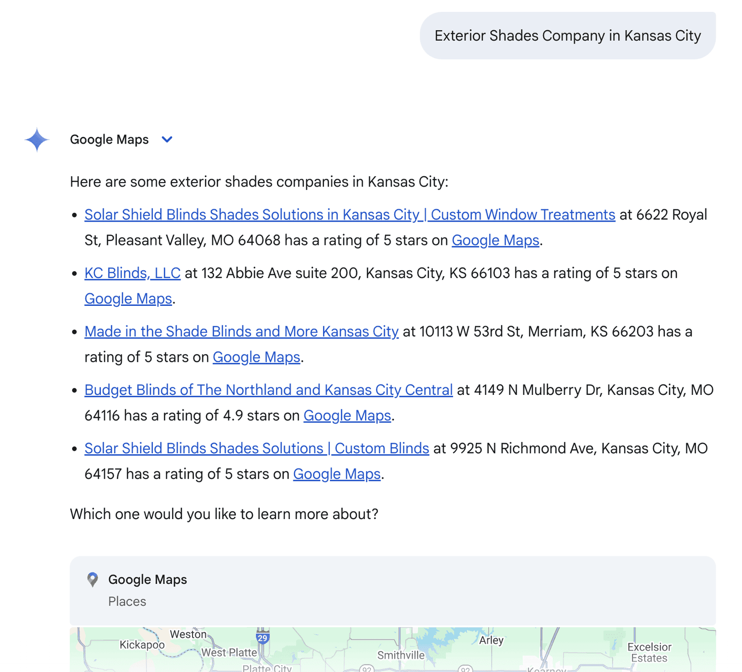 Google results for "exterior shades company in kansas city", ranked first