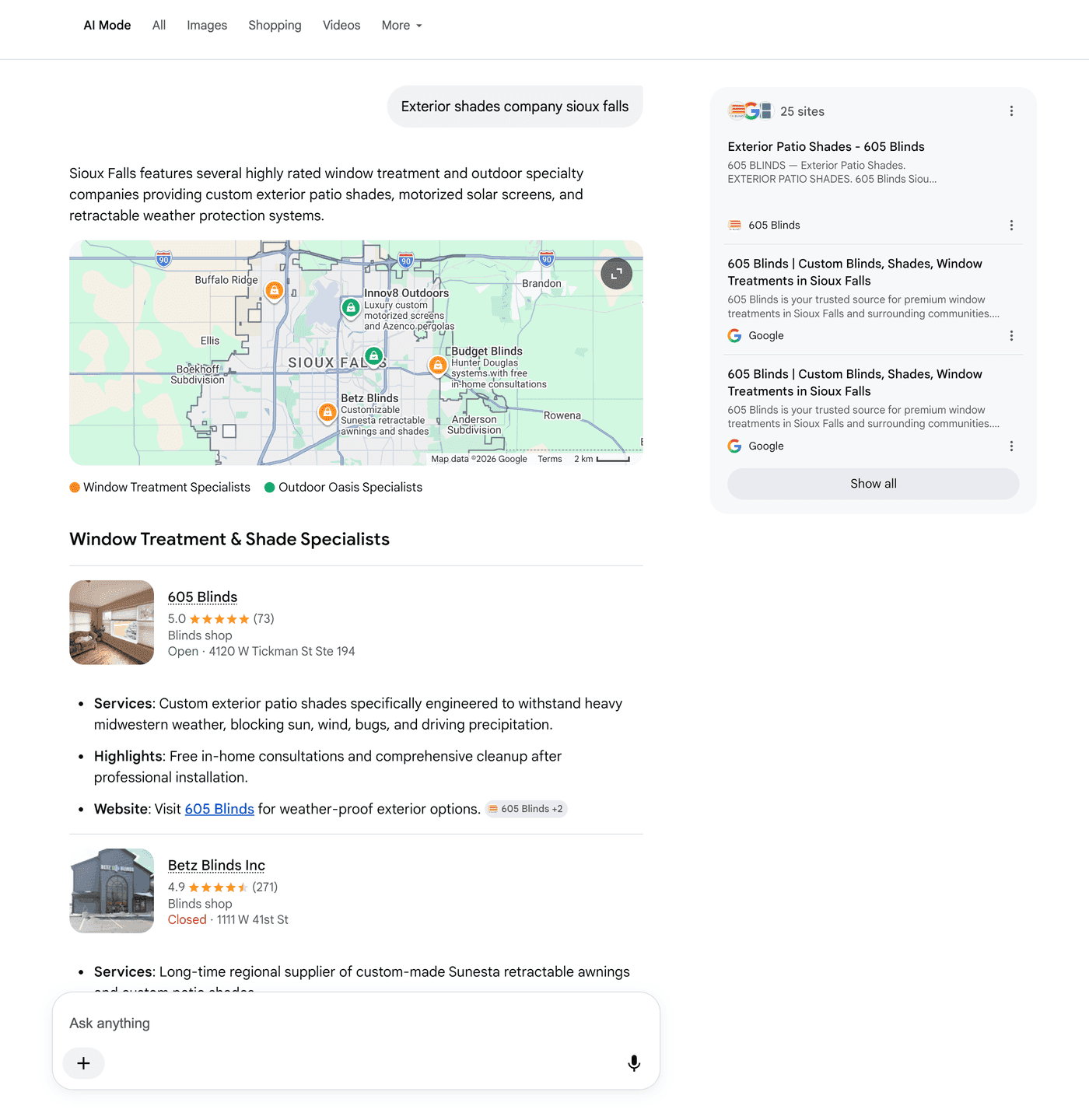 Google results for "exterior shades company sioux falls", ranked first