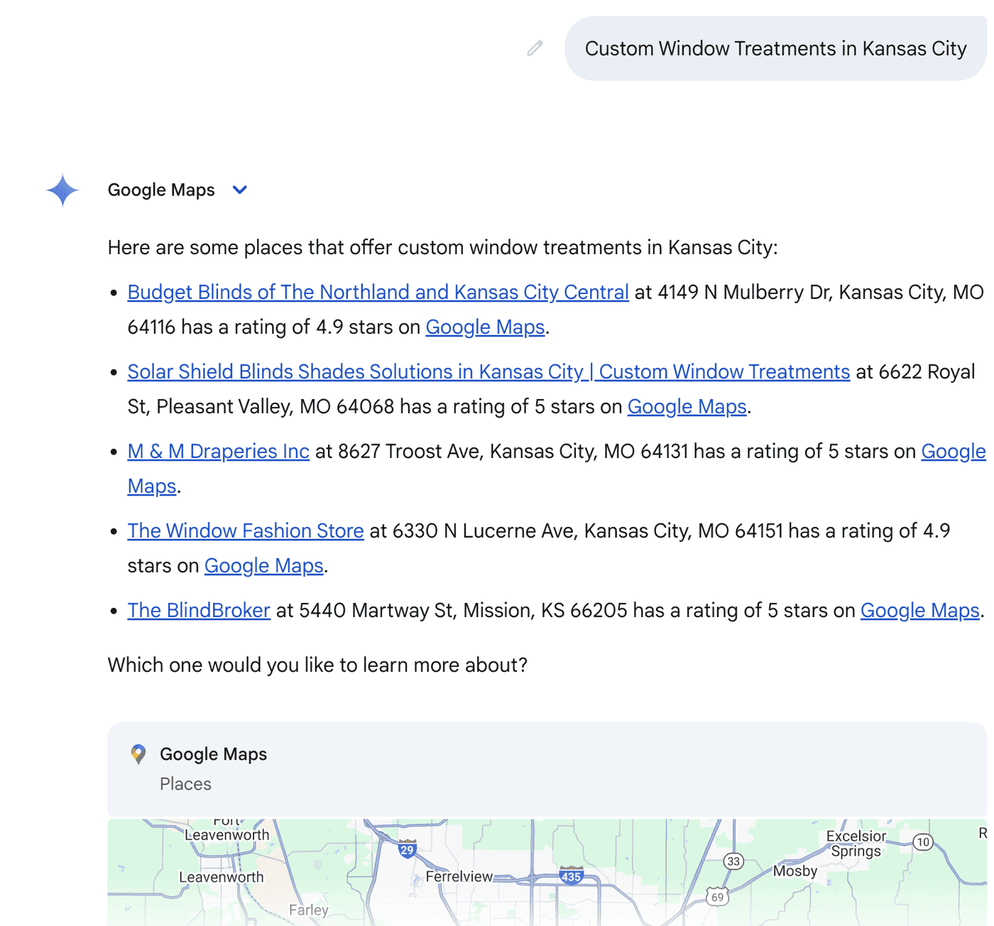 Google results for "window treatment company recommendations", client ranked first