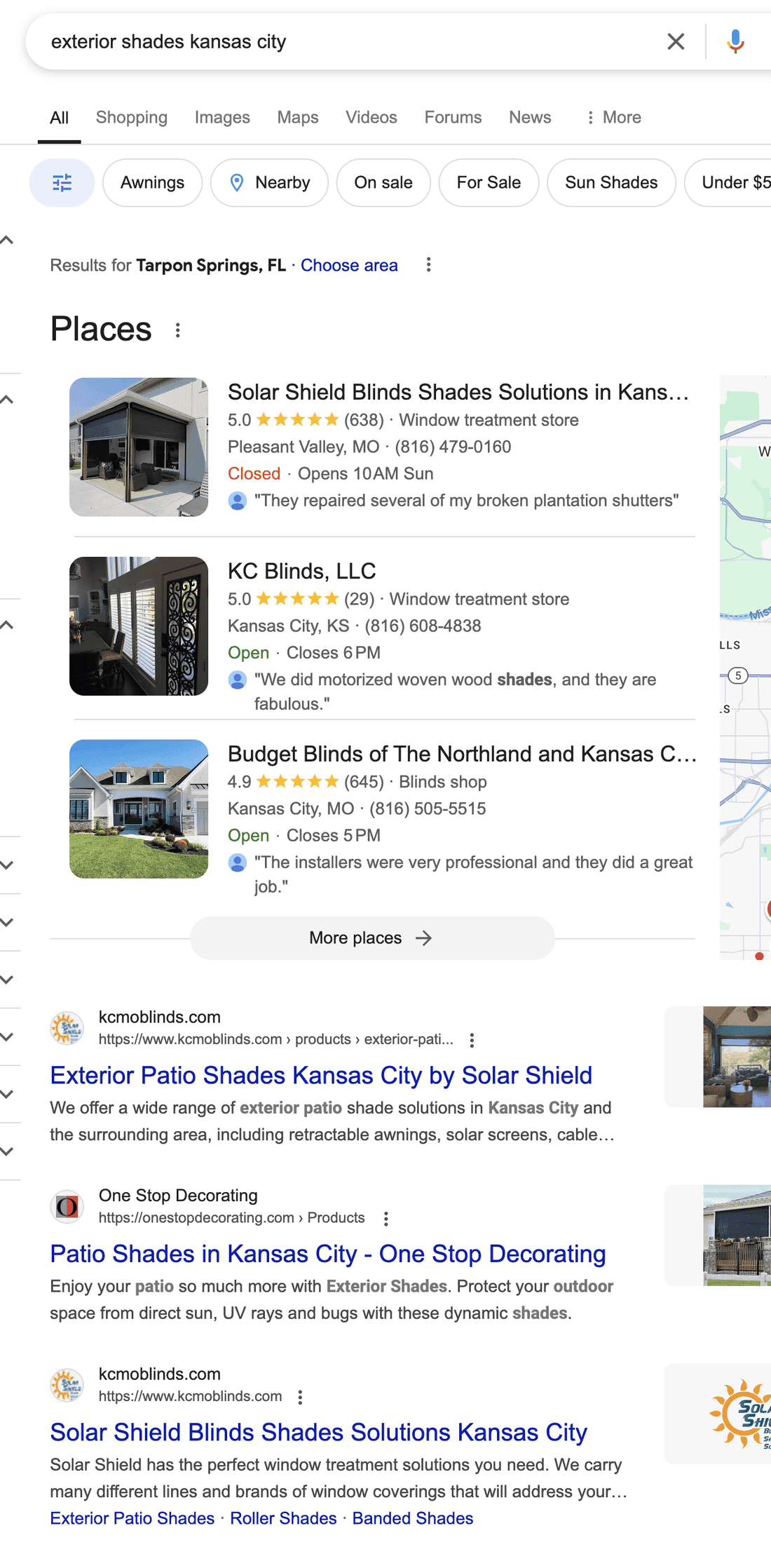 Google results for "exterior shades kansas city", ranked first