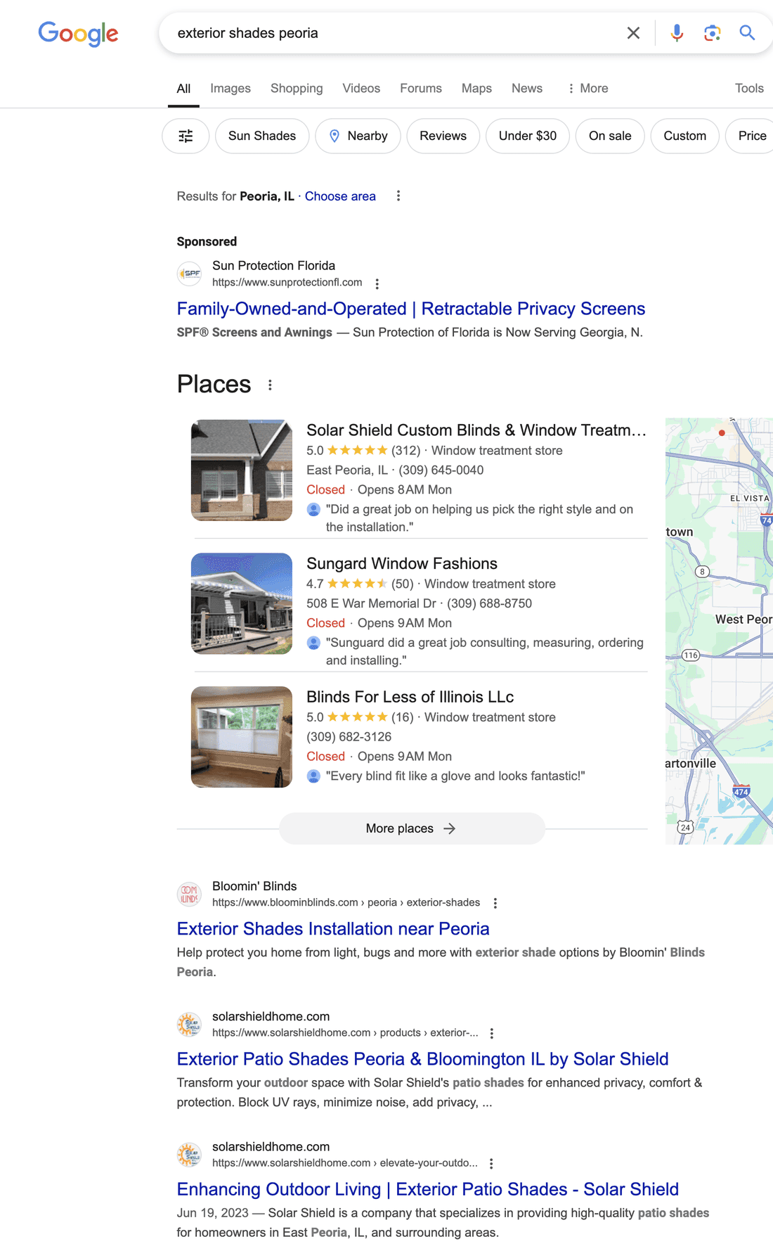 Google results for "exterior shades peoria", ranked first