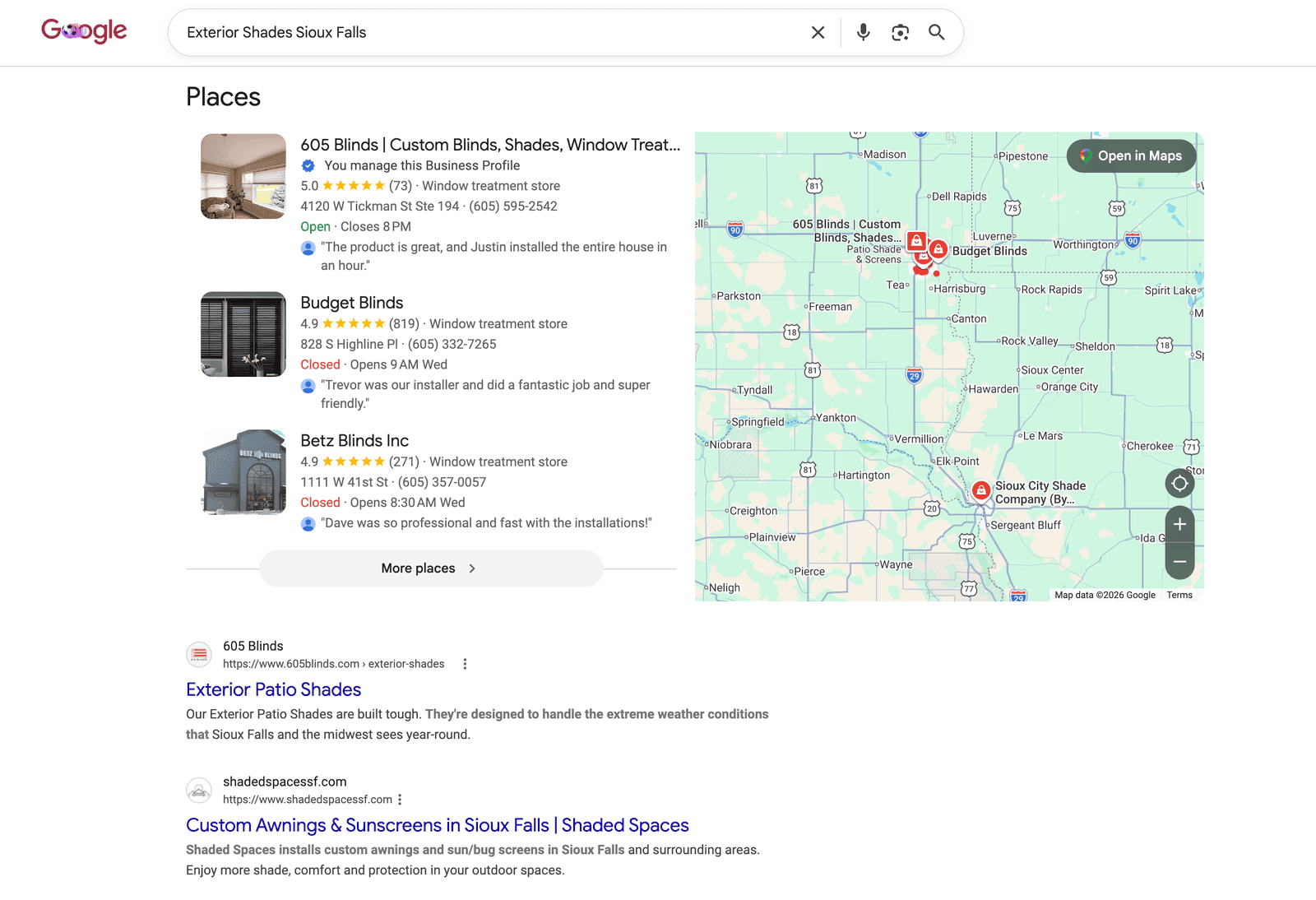 Google map pack with a Venbit client ranked first for exterior shades