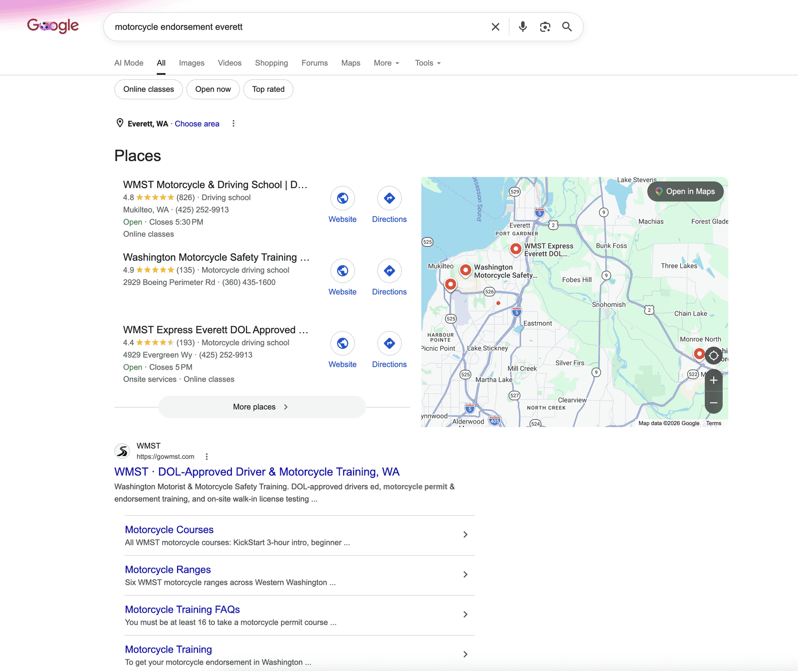 Google results for "motorcycle endorsement everett", ranked first