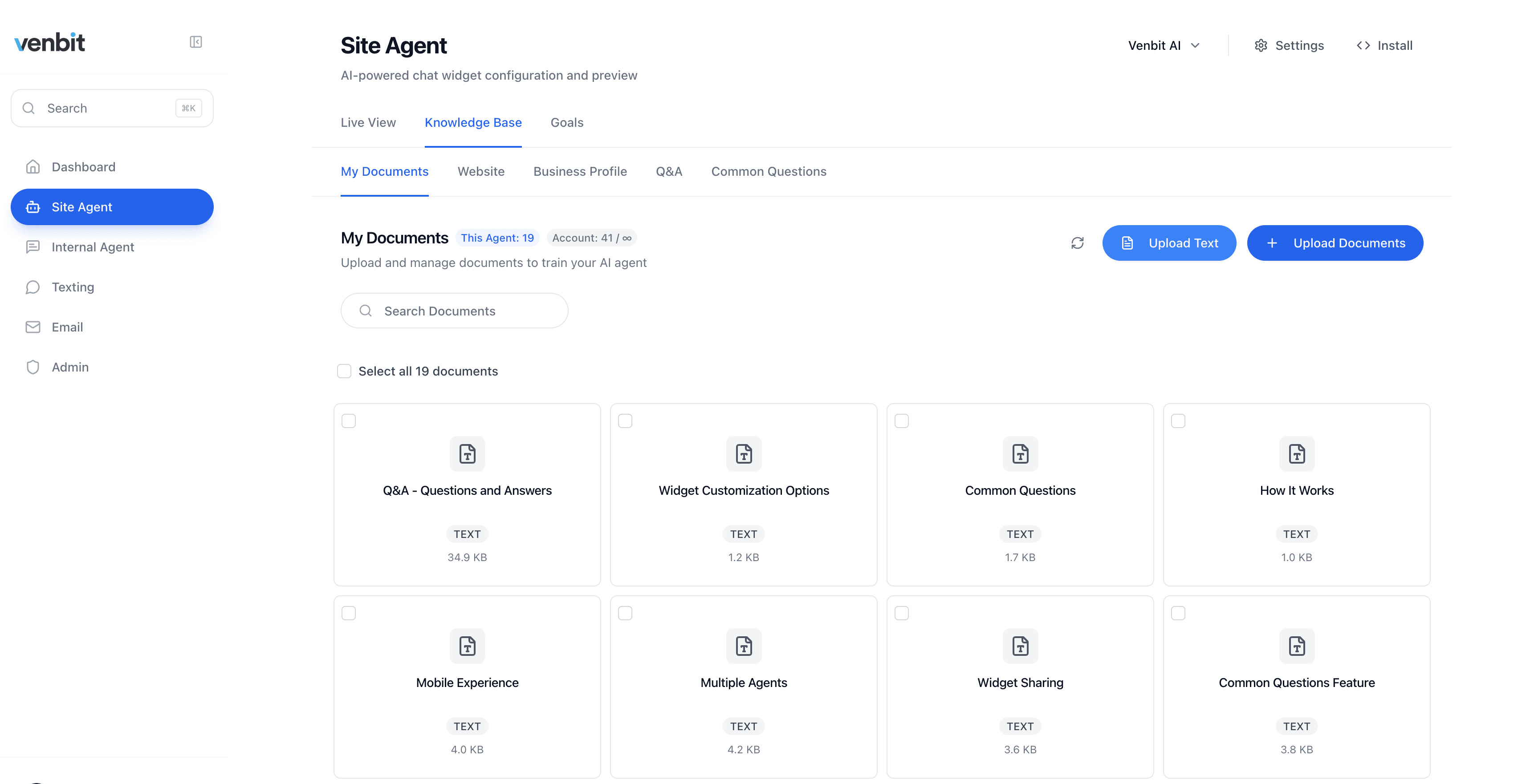 Venbit dashboard: the knowledge base where an agent is trained