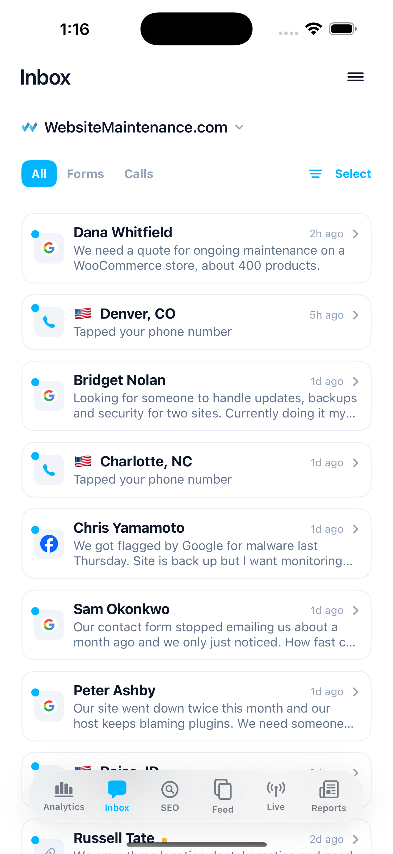 The Leads inbox in the Venbit app on iPhone, showing the demo site's leads with the source, the town or name and the first line of each message.