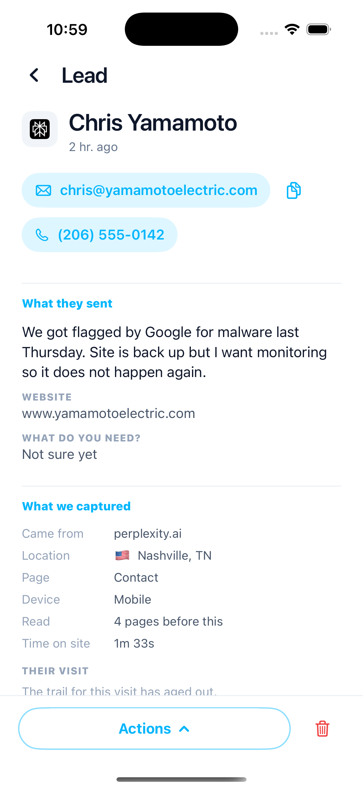 A lead opened in the Venbit iPhone app on the demo site: the message, then came from, location, page, device, pages read and time on site, with the trail of the visit under it