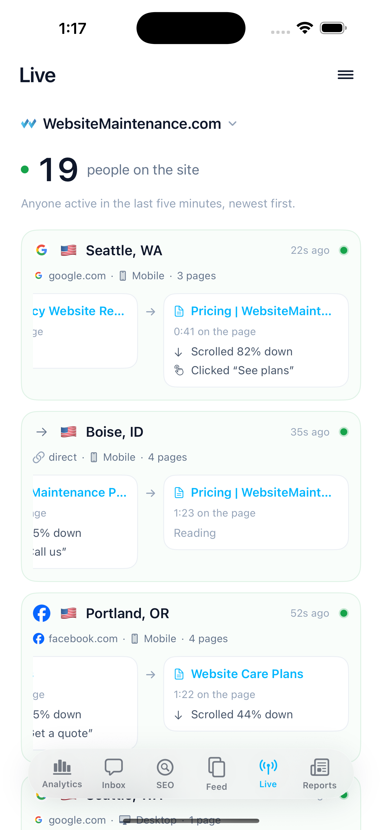The Live screen in the Venbit iPhone app: a list of people on the demo site right now, each with their town, their source and the page they are currently reading