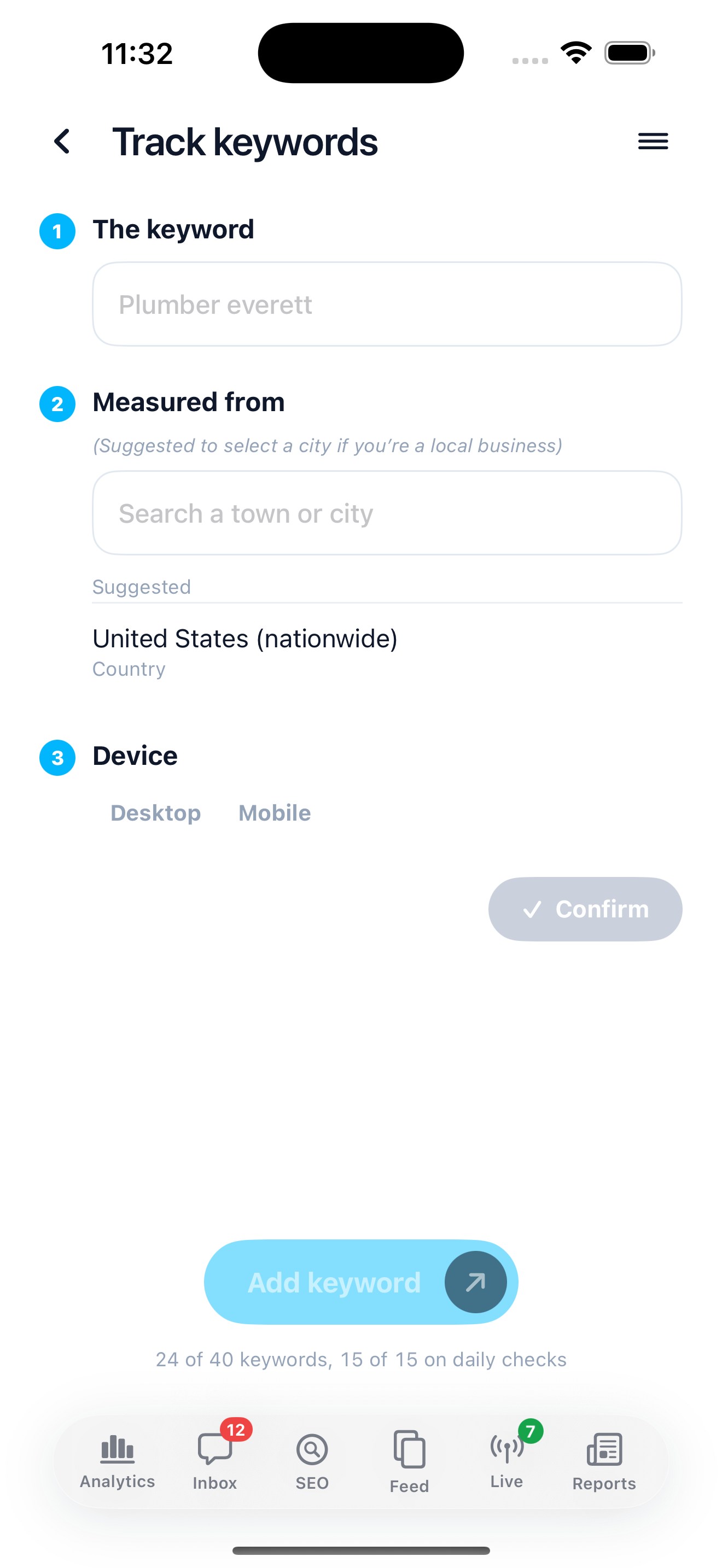 Adding a keyword in the iPhone app, with the search term and the city the ranking is measured from