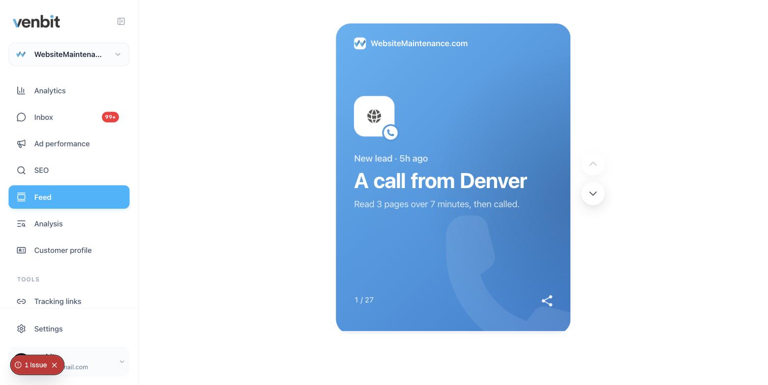A feed card on the demo site about a phone tap, saying where the visitor came from and the page they tapped the number on.