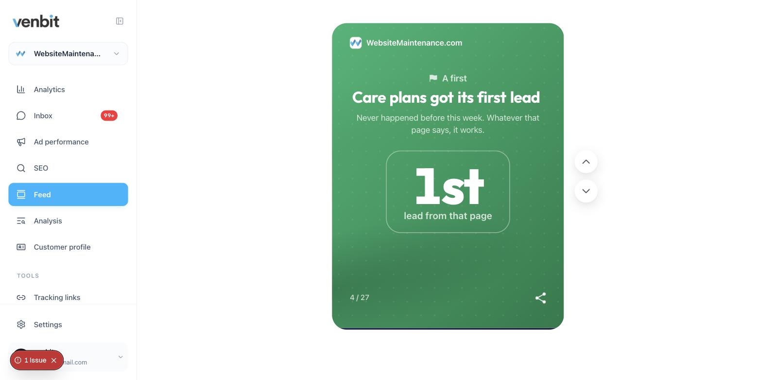 A feed card on the demo site announcing the site's first lead, with where the visitor came from and what they did before writing.