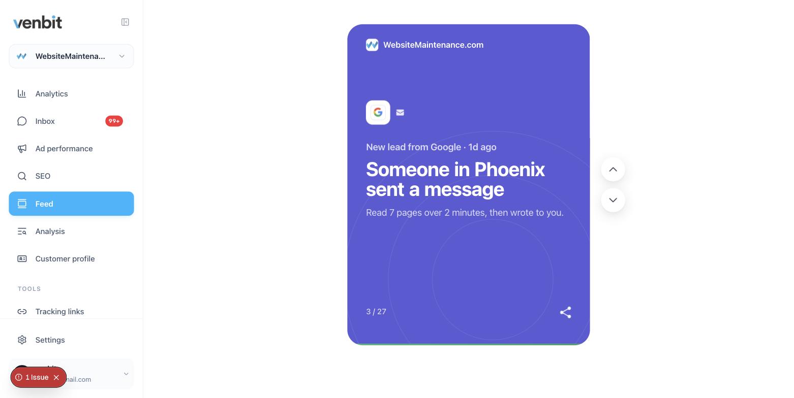 A card in the Venbit feed on the demo site about a lead who arrived from Google