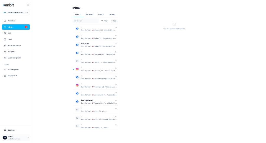 The Inbox with tabs for Inbox, Archived, Spam and Deleted, and a list of leads, each showing the page it came from, Sent the form, the town and the source such as Website Maintenance Campaign, Instagram or direct