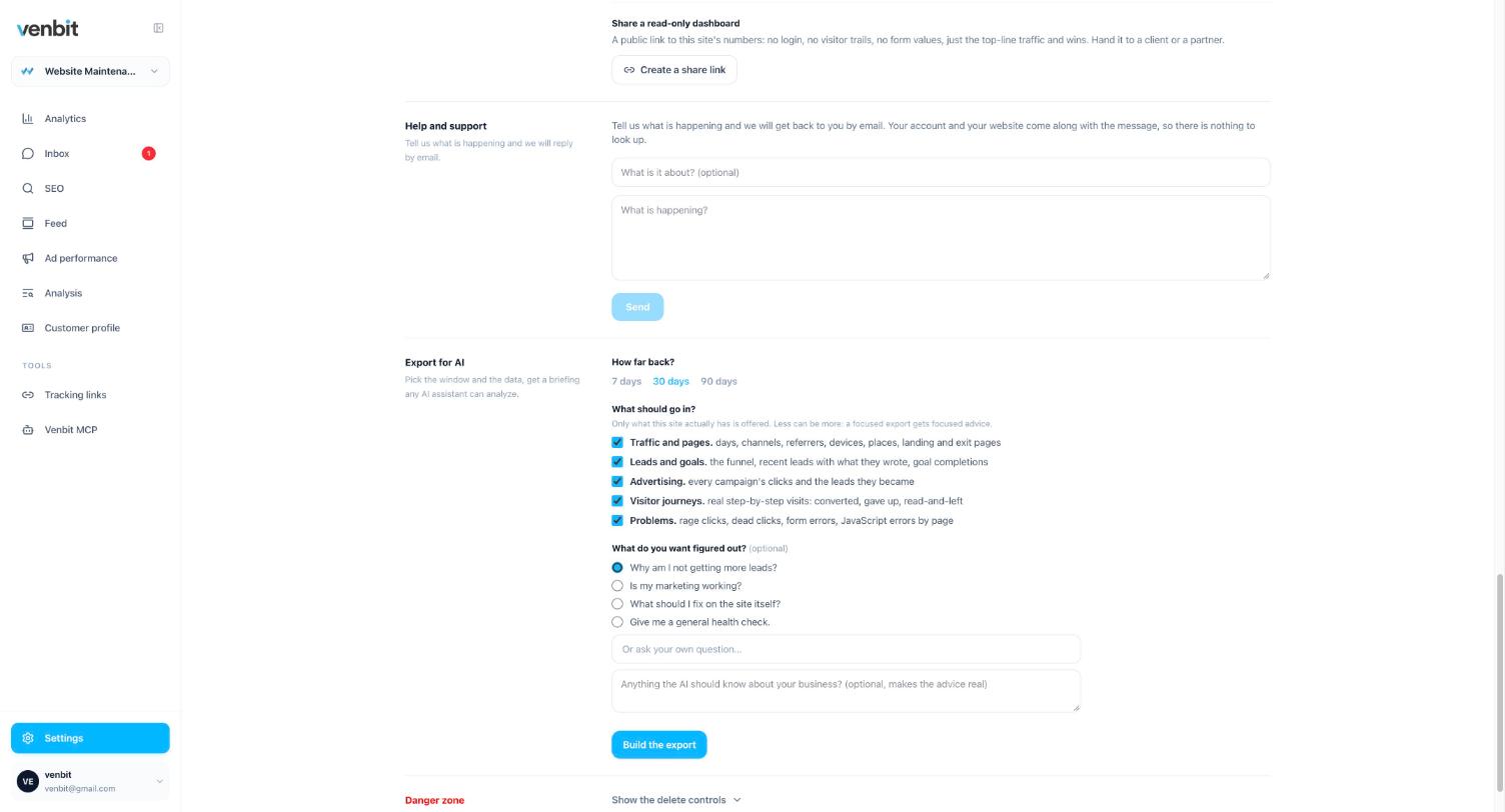 The Export for AI settings on the demo site: how far back to go, what should go in, including Problems: rage clicks, dead clicks, form errors, JavaScript errors by page, and the question to have figured out