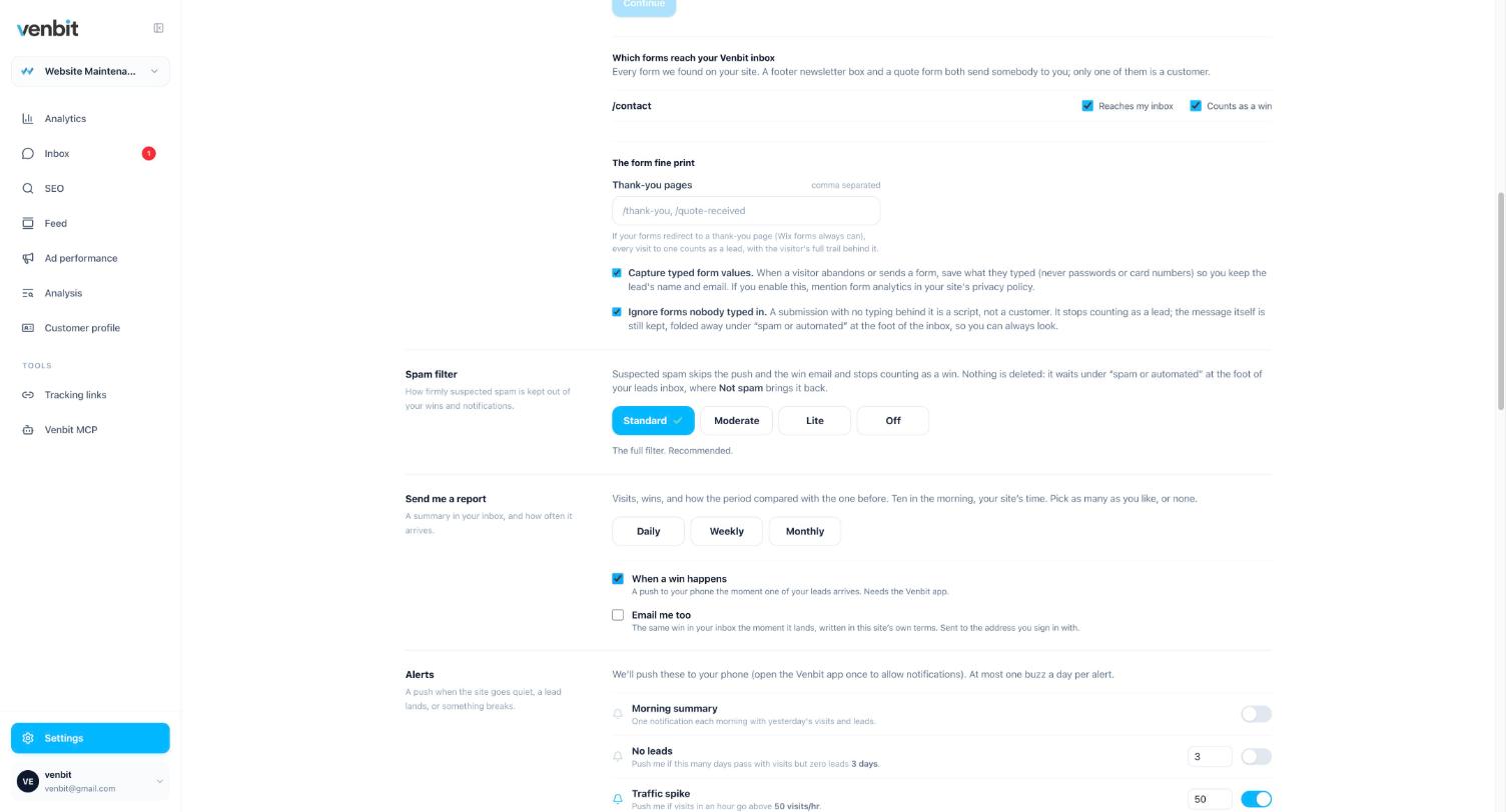 Settings in the Venbit web portal: which forms reach the inbox and count as a win, the spam filter, Send me a report with Daily, Weekly and Monthly, when a win happens: a push, email me too, and the Alerts list