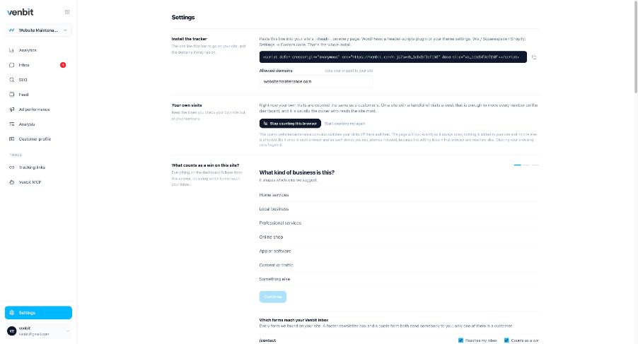 The Venbit Settings page for one site: Install the tracker showing the one script line and the allowed domains, Your own visits with a switch to stop counting this browser, and What counts as a win on this site with a business type picker.