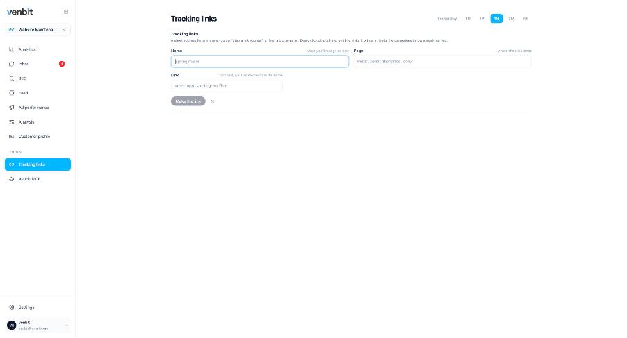 The Tracking links screen: a short address for anywhere you can't tag a link yourself, a flyer, a bio, a mailer, with the new link form filled in as Spring mailer, the page it opens, and the link vnbt.app/spring-mailer