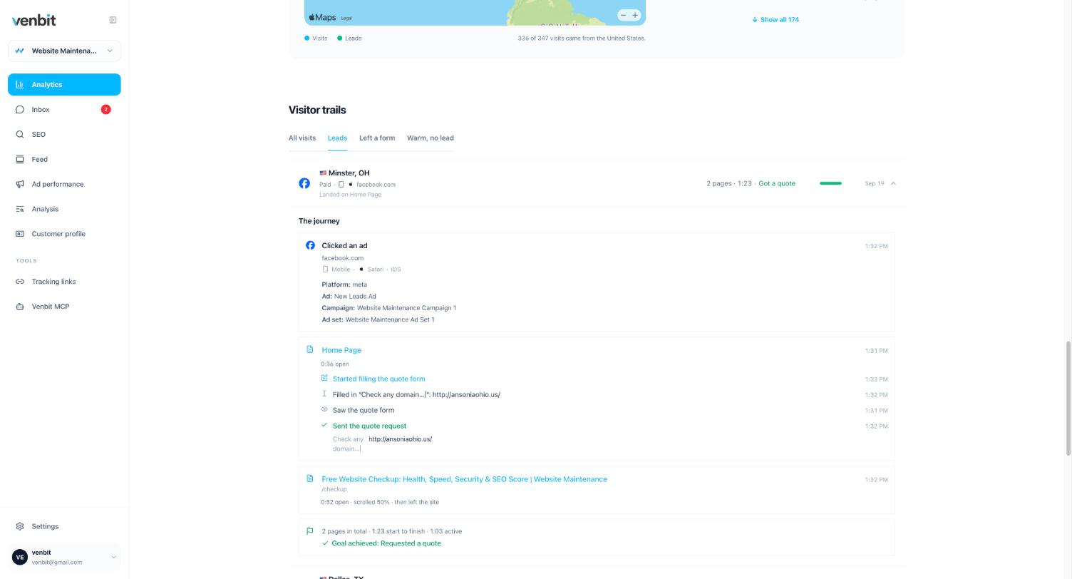 One lead's trail on the demo site: Clicked an ad from facebook.com on an iPhone, with Platform meta, Ad New Leads Ad, Campaign Website Maintenance Campaign 1 and the ad set; then Home Page open for 0:36, Started filling the quote form, Saw the quote form, Sent the quote request, the Free Website Checkup page open for 0:52 and scrolled 50%, and the summary 2 pages in total, 1:23 start to finish, 1:03 active, Goal achieved: Requested a quote.