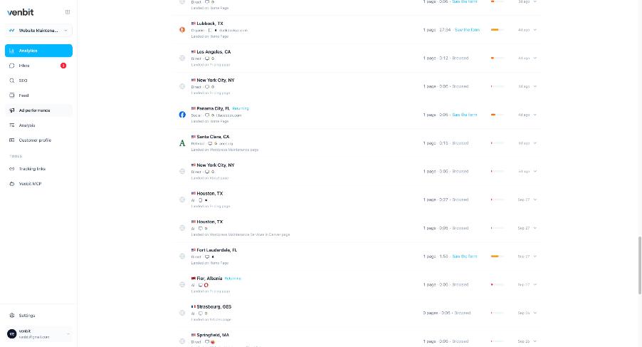 The Visitor trails list on the demo site: one row per visit with town, channel, device, referrer, landing page, pages, time on site, the outcome, an engagement bar and the date