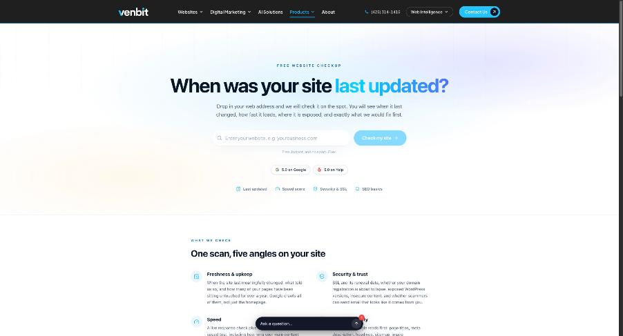 The free Website Checkup tool on venbit.com with a domain entered: the checks running, including Google's PageSpeed test on its mobile setting, and the speed score reported with the fixes